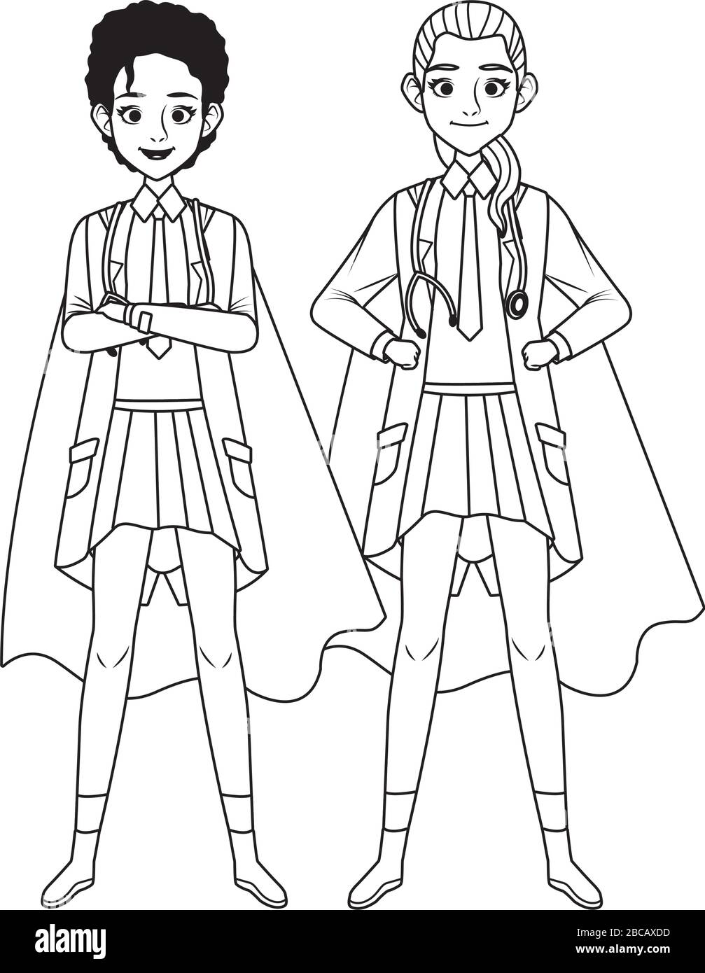 super medici femminile con mantello eroe vs covid19 Illustrazione Vettoriale