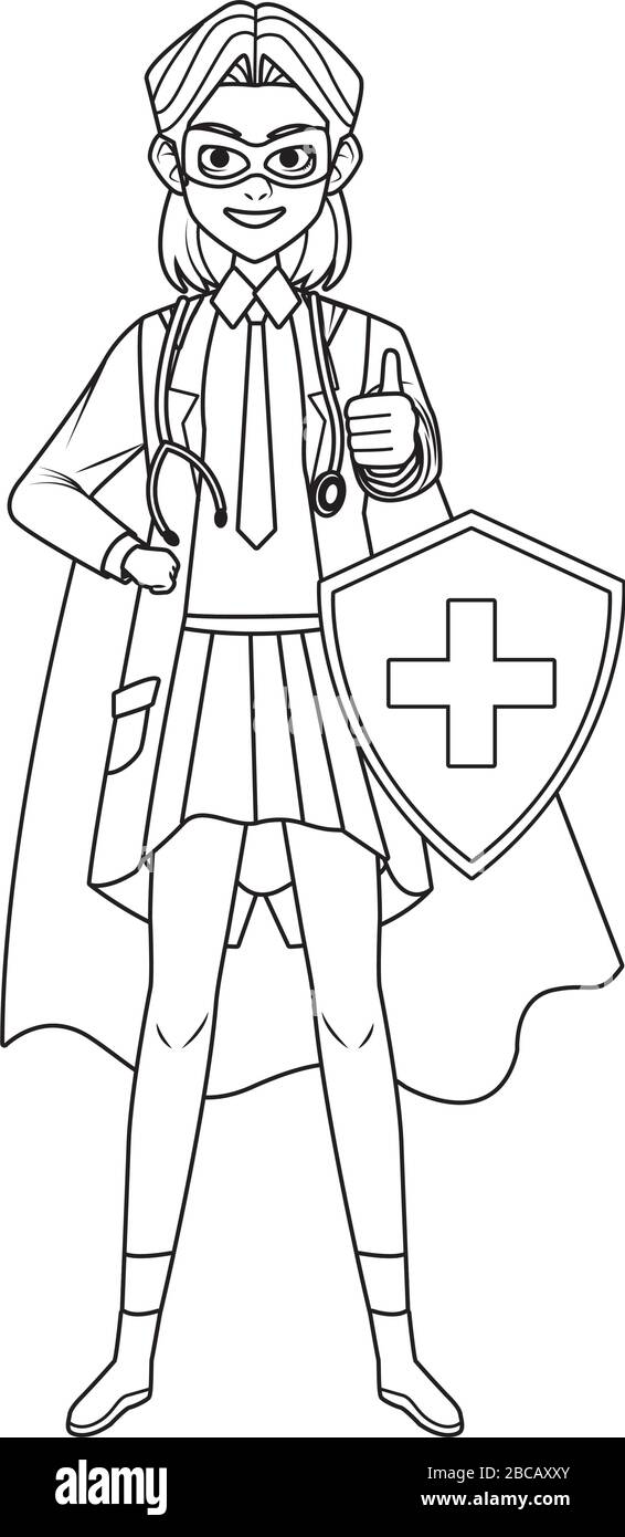 super medico femminile con scudo e mantello vs covid19 Illustrazione Vettoriale