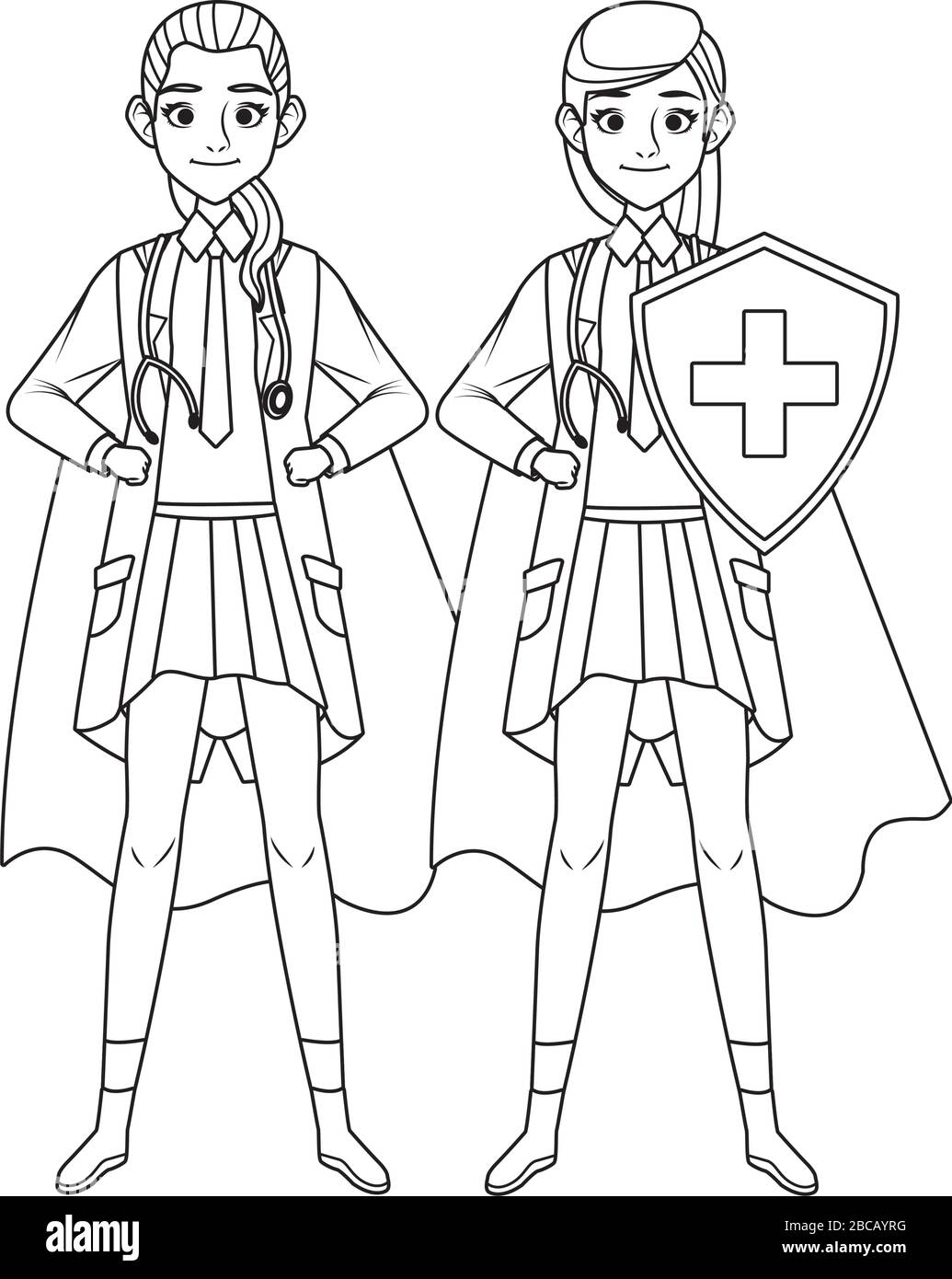 super medici femminile con mantello eroe e scudo vs covid19 Illustrazione Vettoriale