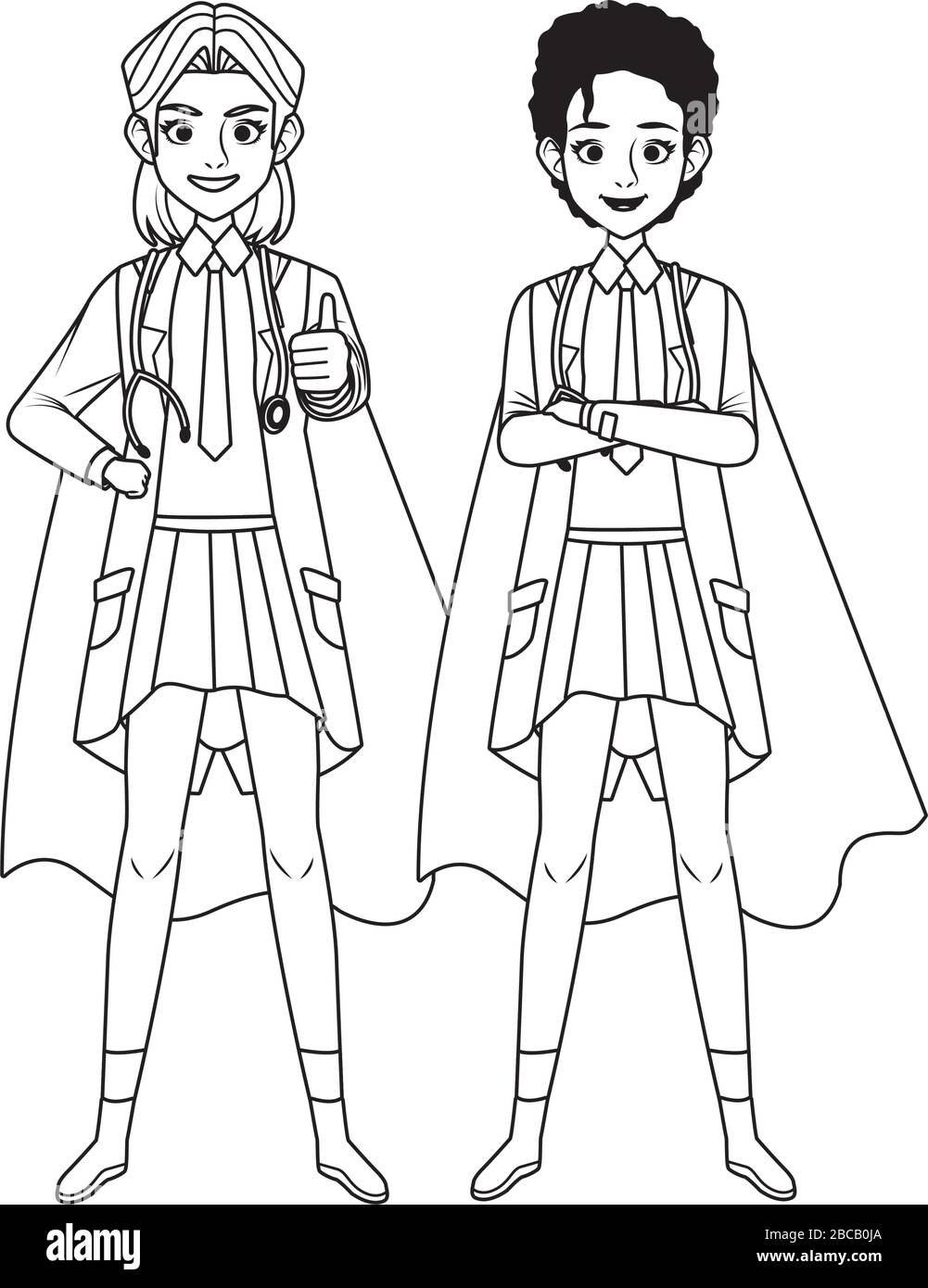 super medici femminile con mantello eroe vs covid19 Illustrazione Vettoriale