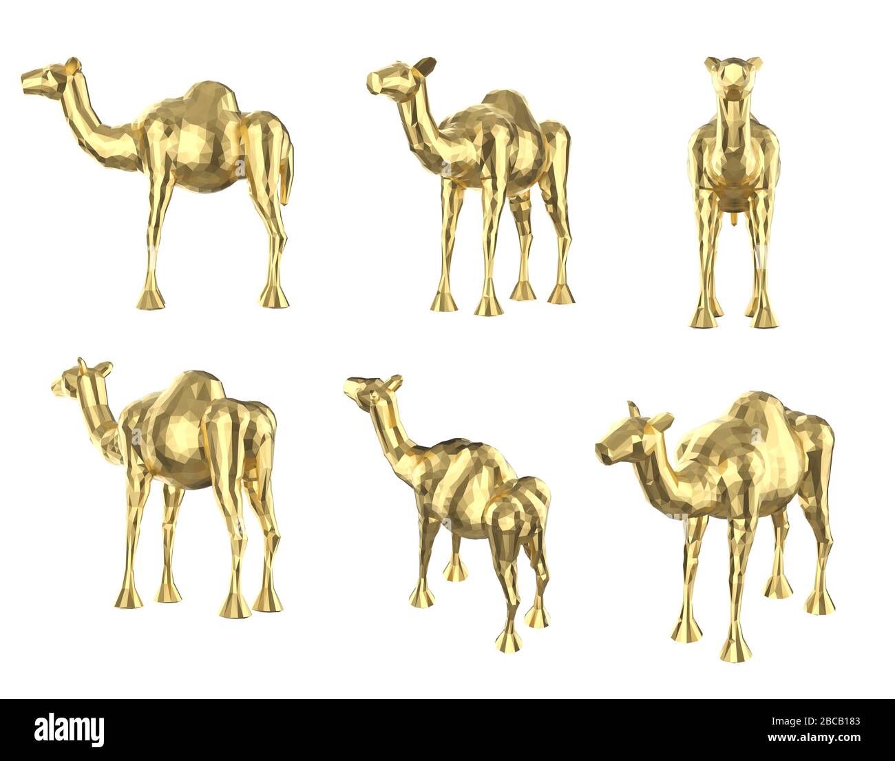 set di rendering 3d di cammelli poligonali isolati su bianco Foto Stock