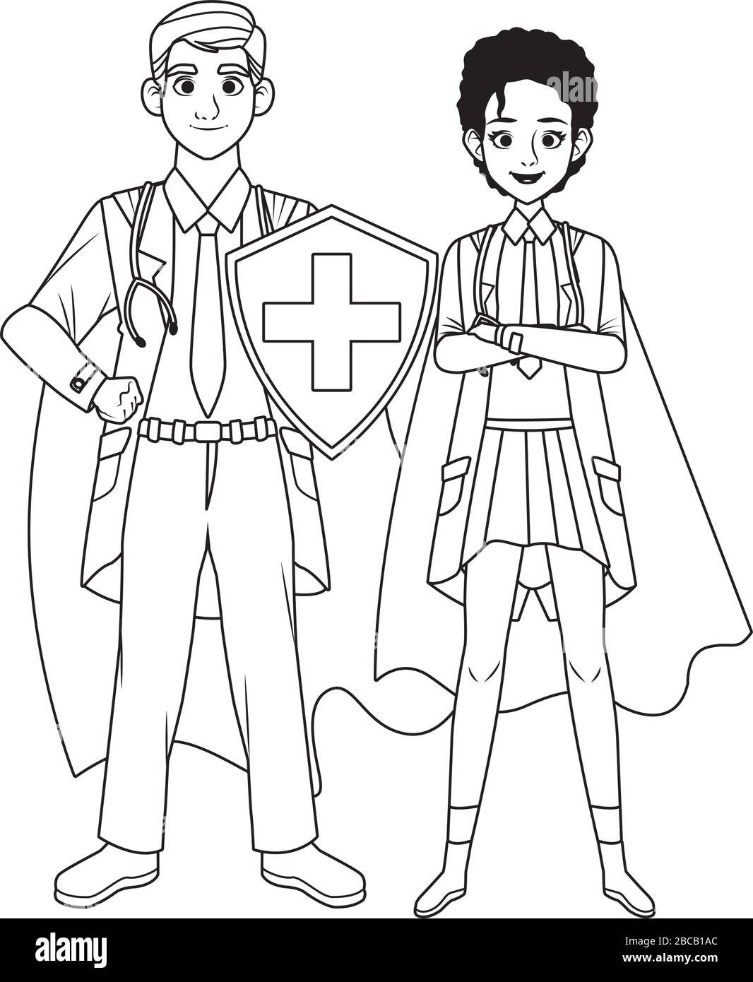 super medici coppia con mantello eroe e scudo vs covid19 Illustrazione Vettoriale