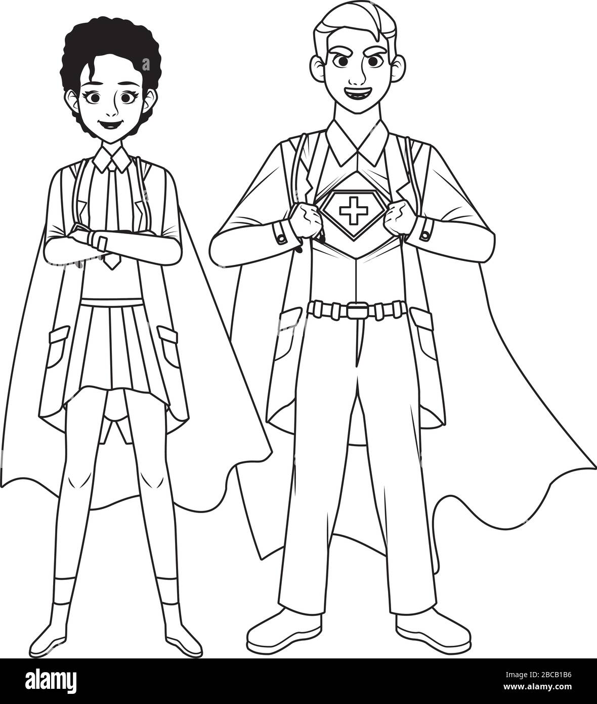 super medici coppia con eroe mantello vs covid19 Illustrazione Vettoriale