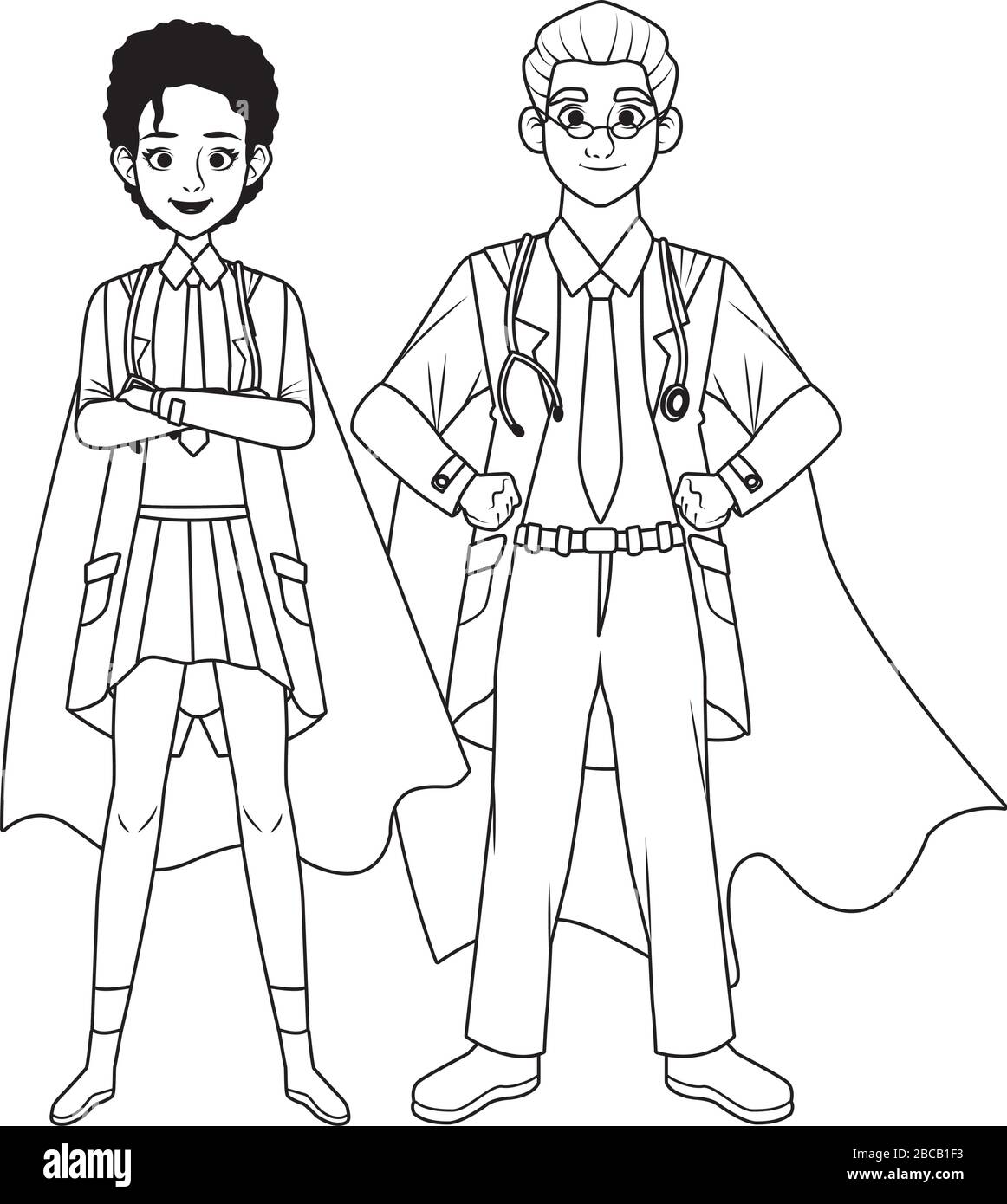 super medici coppia con eroe mantello vs covid19 Illustrazione Vettoriale