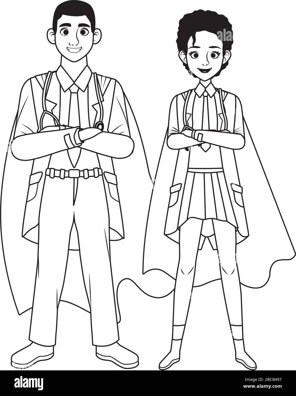 super medici coppia con eroe mantello vs covid19 Illustrazione Vettoriale