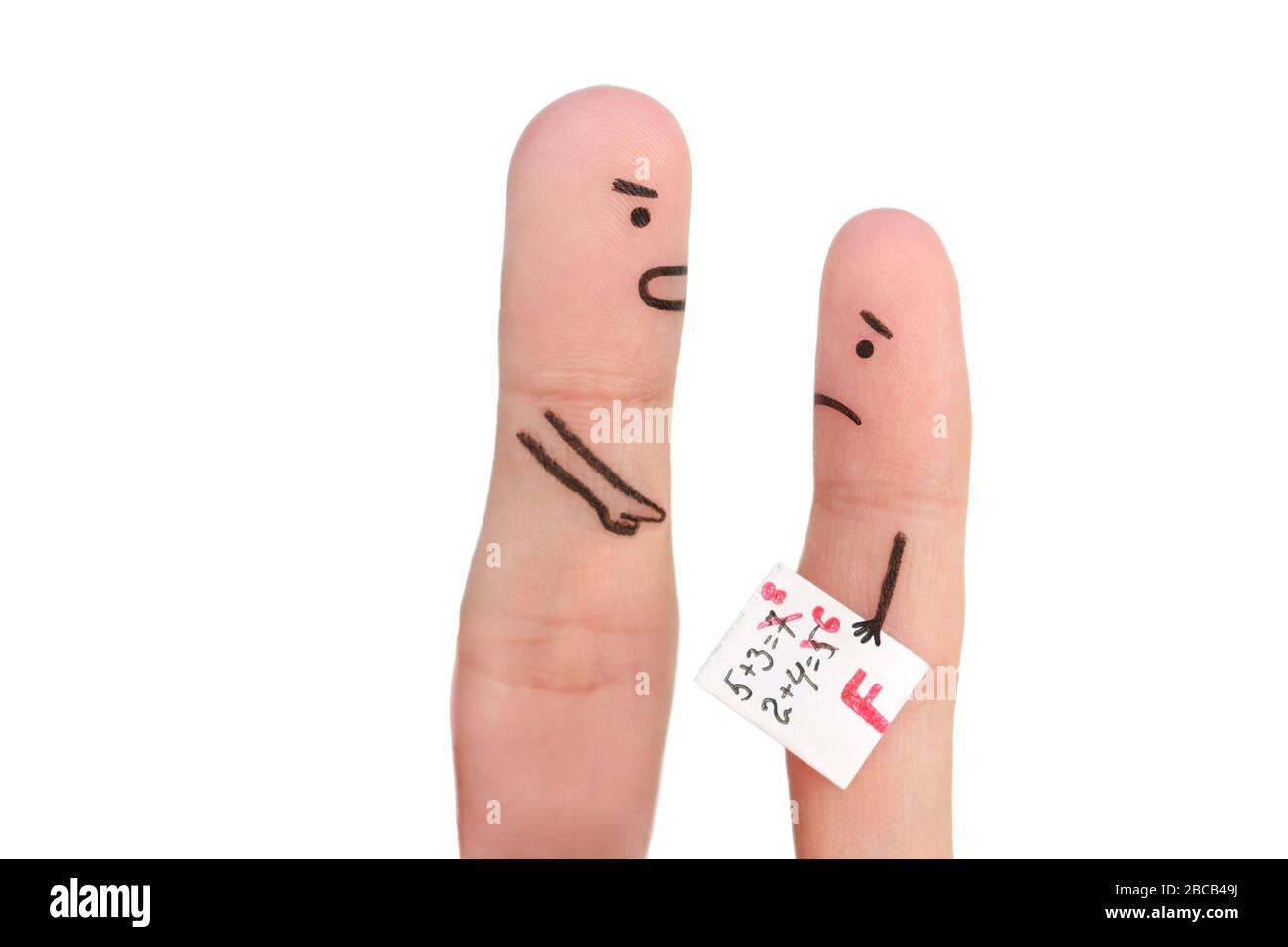 Dita arte del popolo. Concetto di boy ha avuto una cattiva qualità, uomo scolding bambino. Foto Stock