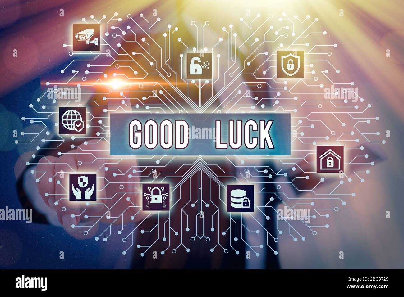 Nota di scrittura che mostra buona fortuna. Concetto di affari per desiderio una fortuna positiva o un risultato felice che una dimostrazione può avere Foto Stock