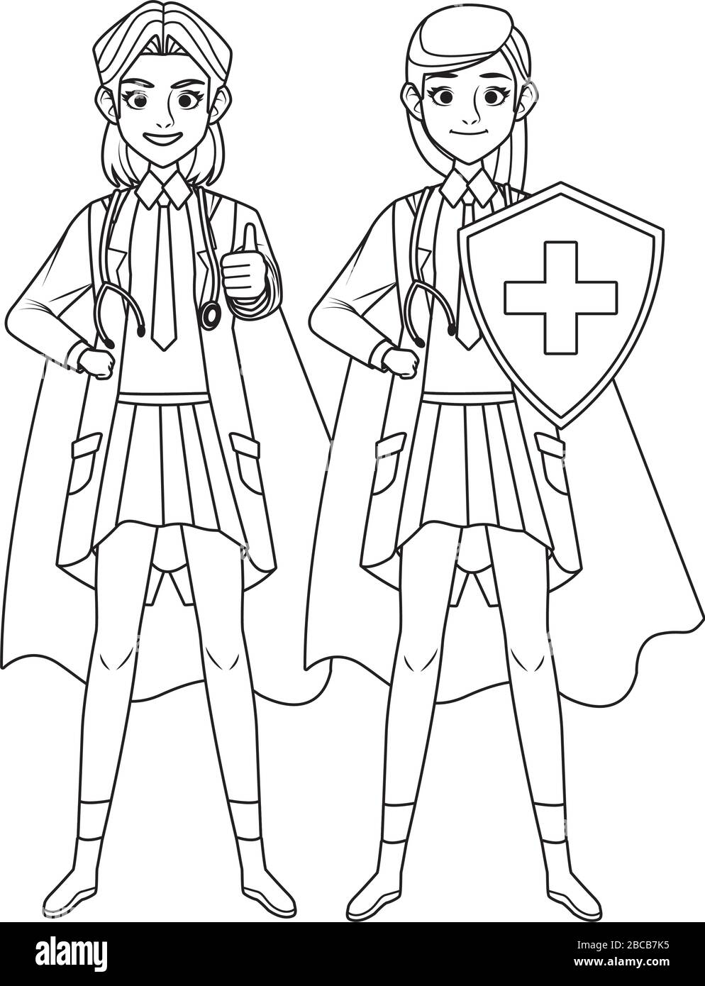 super medici femminile con mantello eroe e scudo vs covid19 Illustrazione Vettoriale