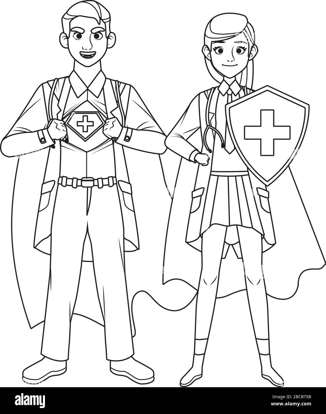 super medici coppia con mantello eroe e scudo vs covid19 Illustrazione Vettoriale