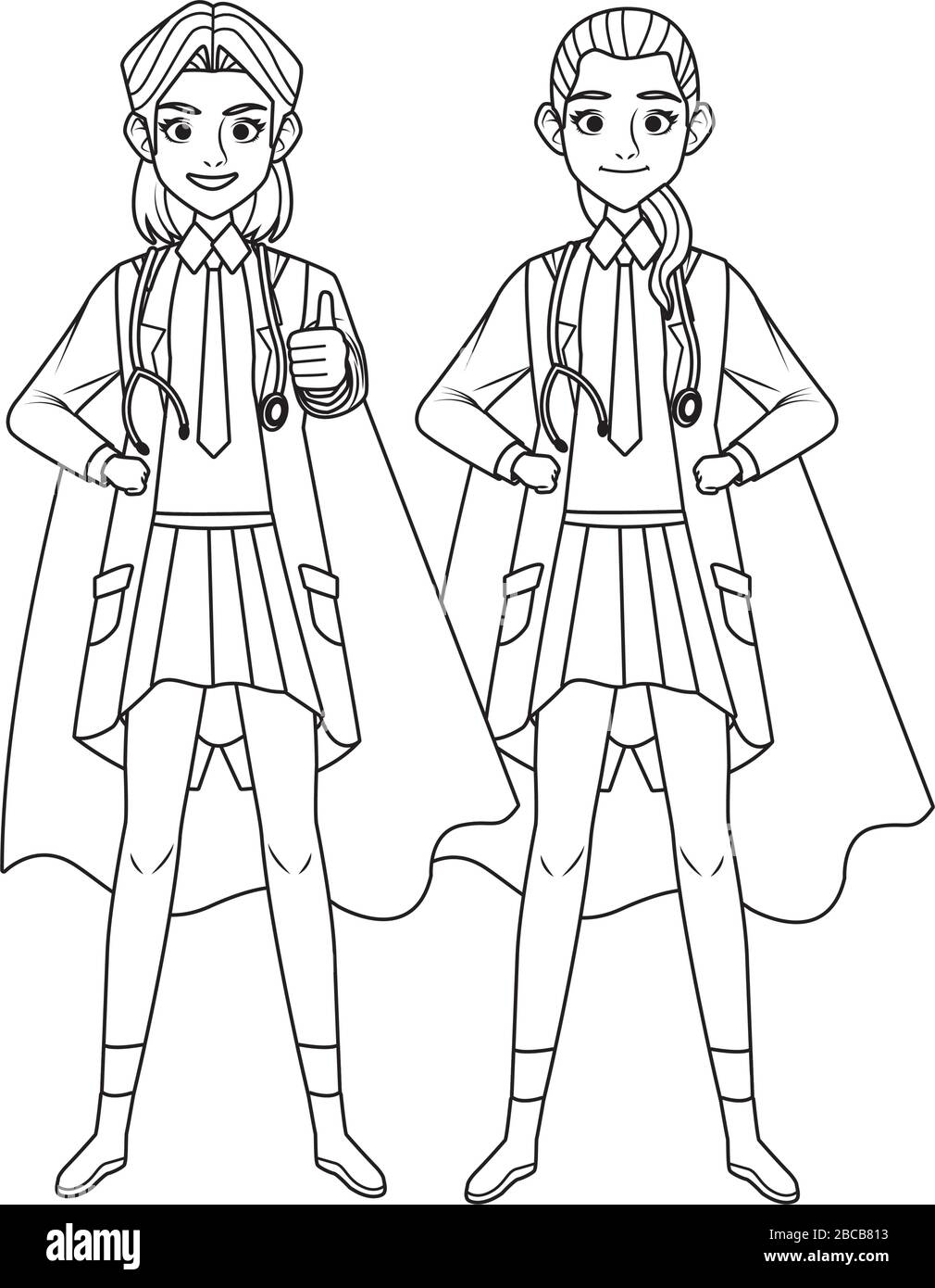 super medici femminile con mantello eroe vs covid19 Illustrazione Vettoriale