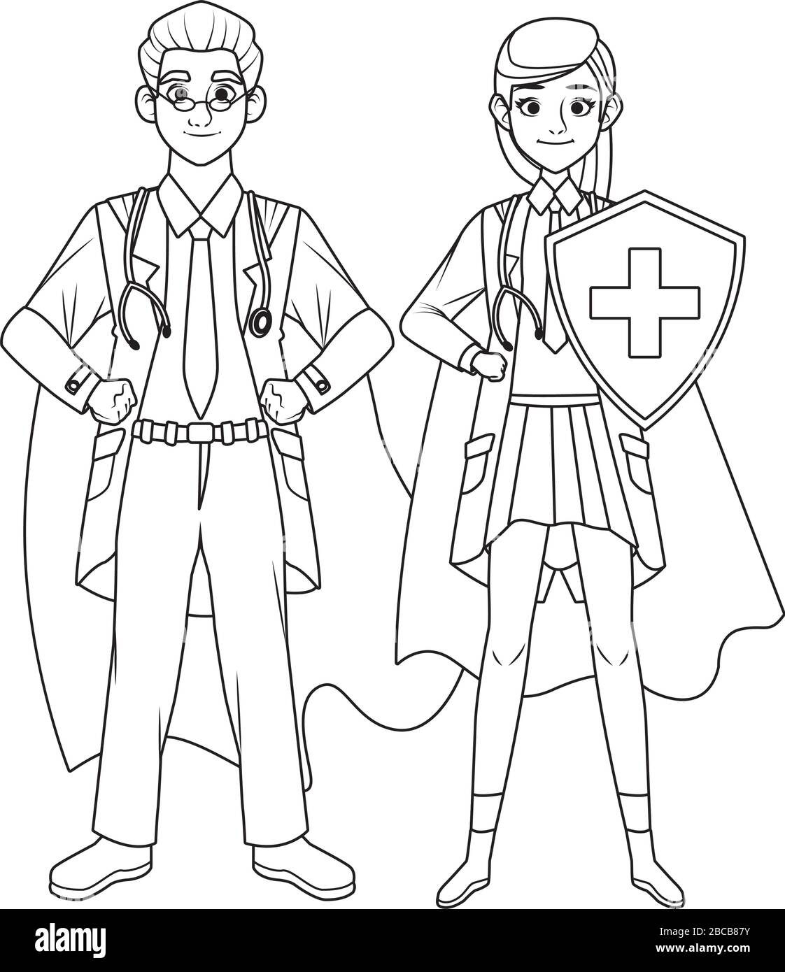 super medici coppia con mantello eroe e scudo vs covid19 Illustrazione Vettoriale
