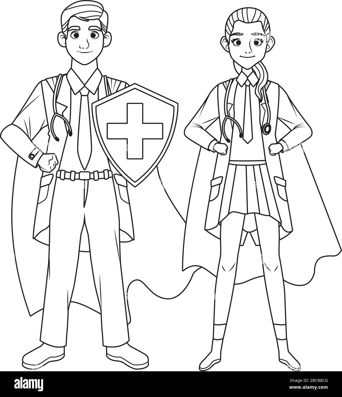 super medici coppia con mantello eroe e scudo vs covid19 Illustrazione Vettoriale