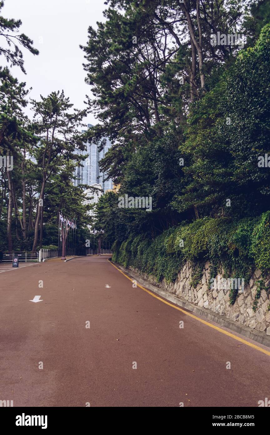 Area pedonale intorno all'APEC Naru Park, in una giornata cupa Foto Stock