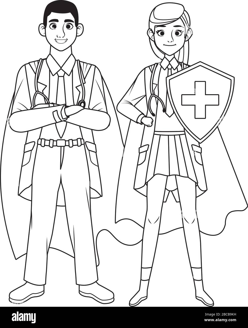 super medici coppia con mantello eroe e scudo vs covid19 Illustrazione Vettoriale
