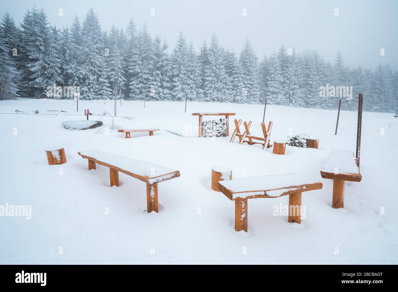 Campo forestale invernale, panchine e camino coperto di neve, paesaggio innevato. Nessuna gente Foto Stock
