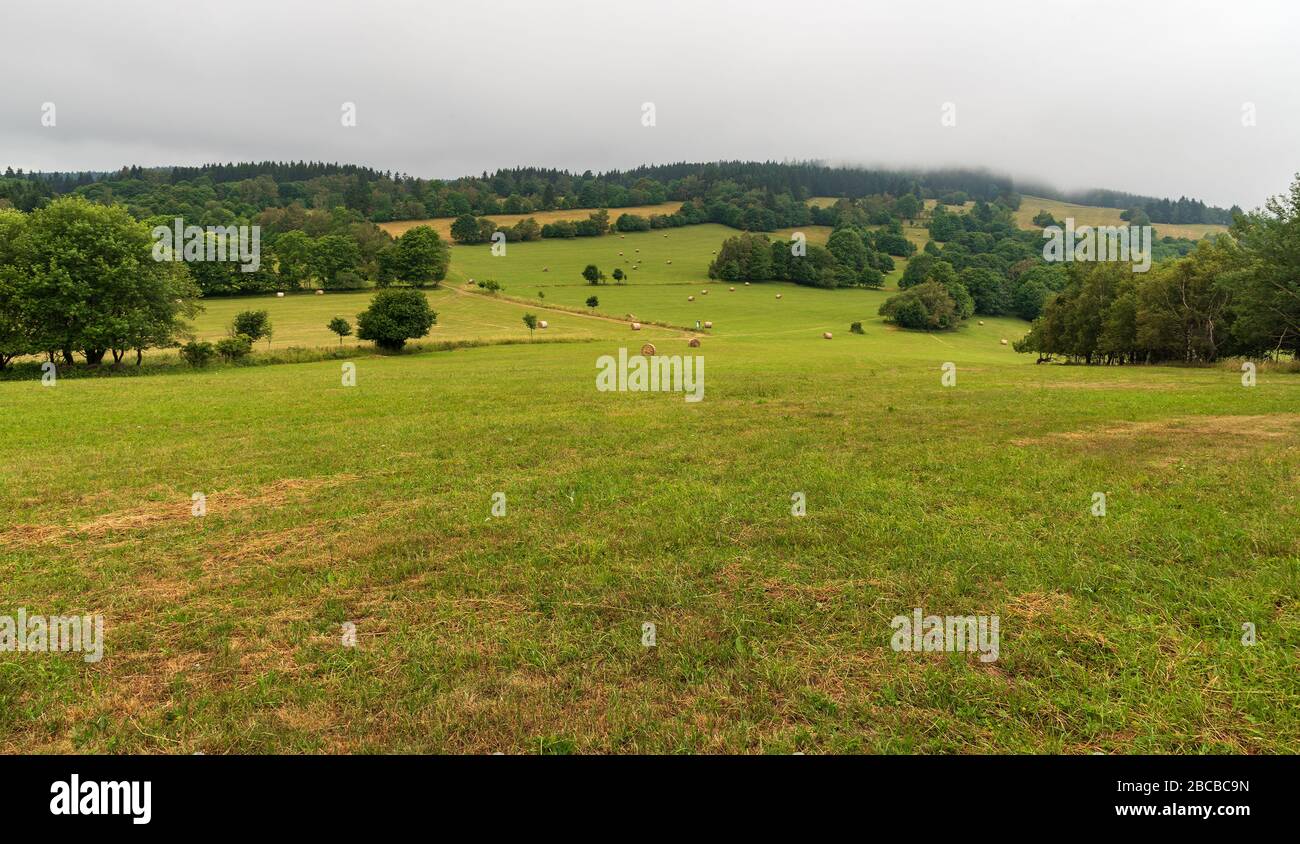 Paesaggio ondulato con un mix di prati con fienali, foreste e colline coperte da nuvole sopra Stachelberg vicino a Trutnov città in Repubblica Ceca Foto Stock