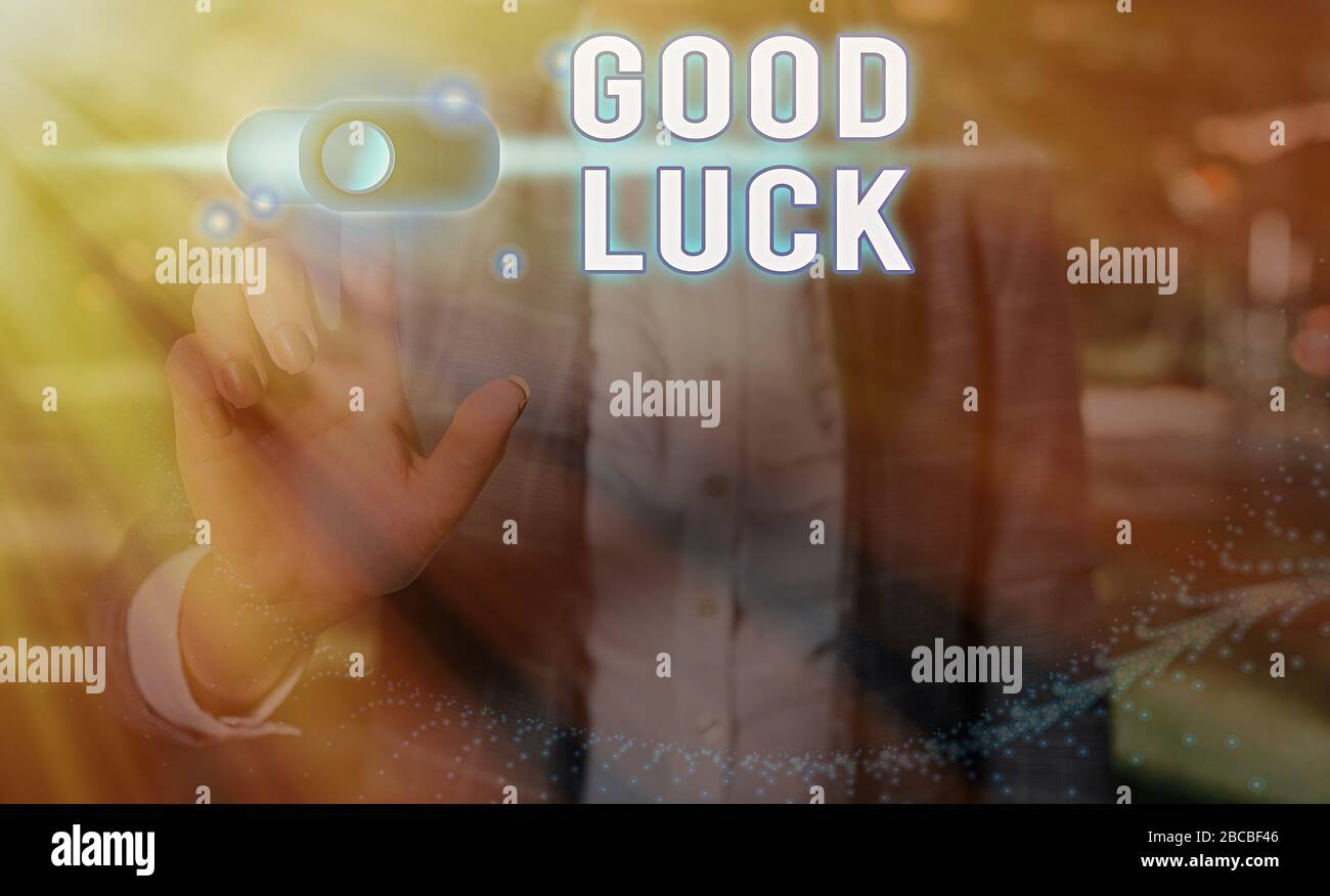 Testo per la scrittura di parole buona fortuna. Foto di affari che mostra desiderio una fortuna positiva o un risultato felice che una dimostrazione può avere Foto Stock