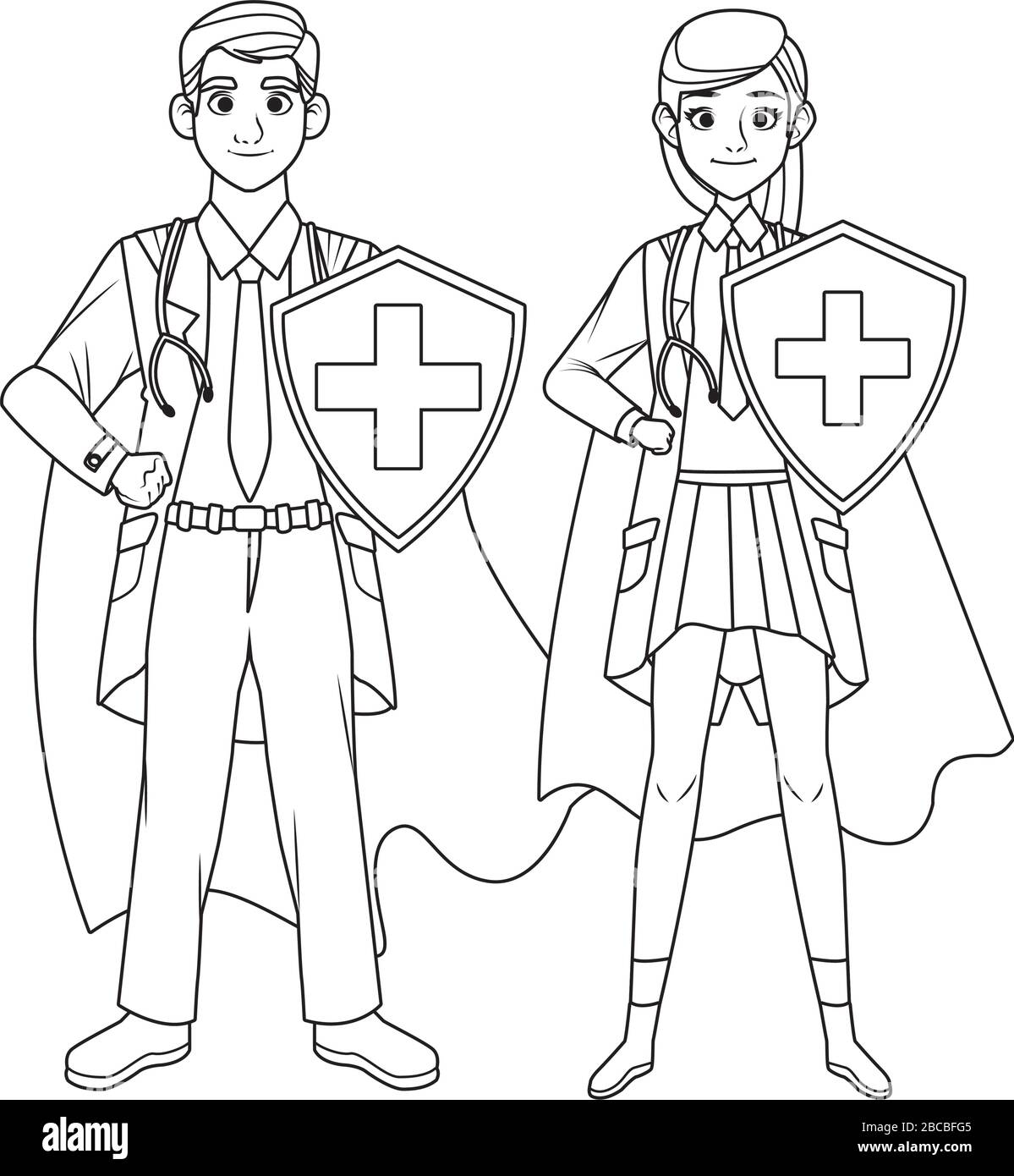 super medici coppia con mantello eroe e scudo vs covid19 Illustrazione Vettoriale