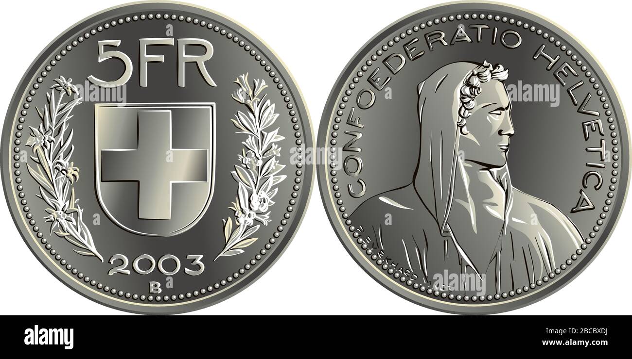 5 moneta d'argento francese svizzera, pastore alpino obverso, stemma federale inverso, 5FR, branche di stelle alpine e genziana, moneta ufficiale in Svizzera Illustrazione Vettoriale