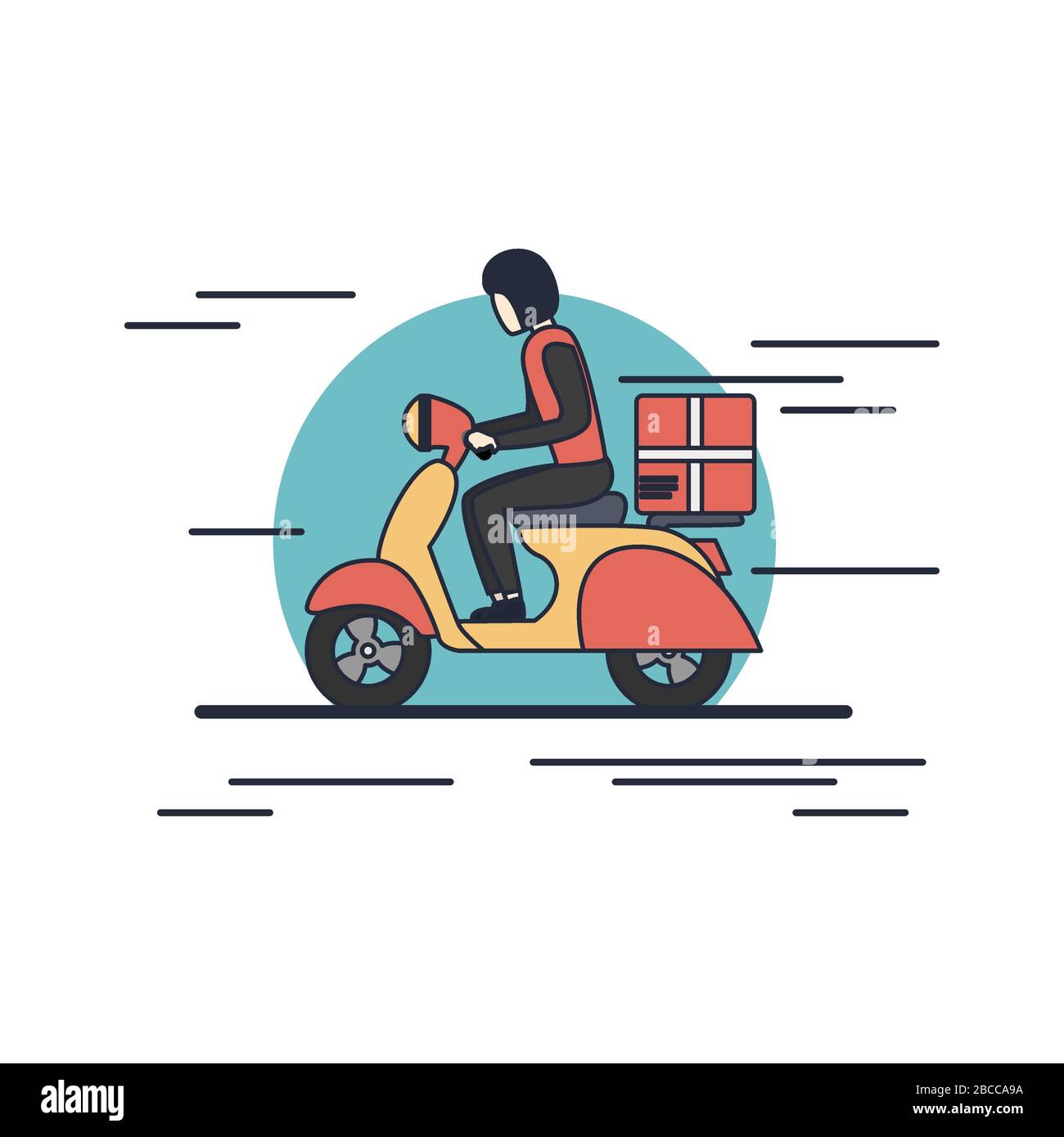 Uomo con scooter consegnare un pacchetto. Uomo ride una moto.Online negozio illustrazione. Addetto alla consegna con illustrazione del negozio online. Casa, posizione, mappa Foto Stock