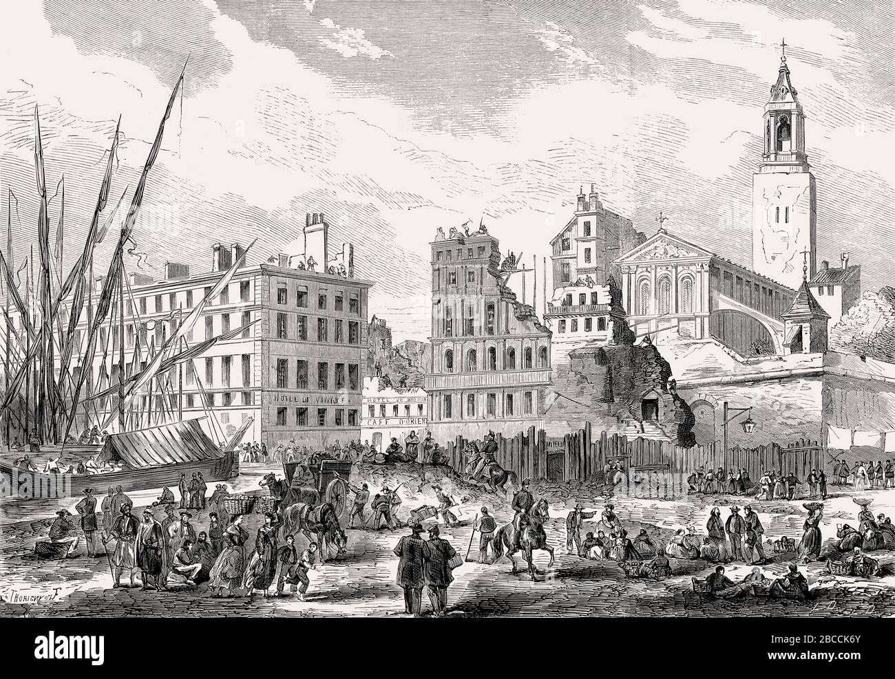 Demolizione e costruzione di strade, Rue Impériale, oggi Rue de la République, Marsiglia, Francia, 1863 Foto Stock