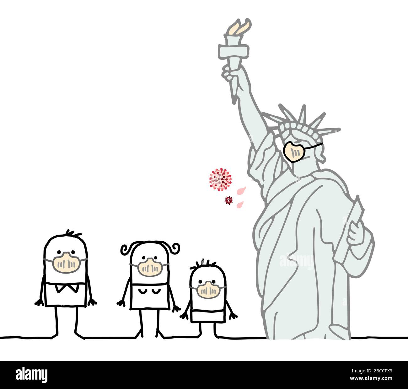 Personaggi dei cartoni animati a New York con la statua della libertà e le maschere contro il virus Illustrazione Vettoriale