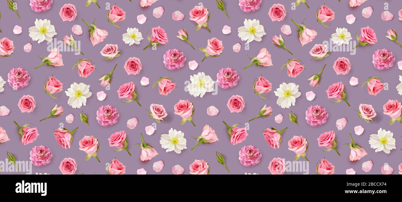 Motivo floreale vintage fatto di fiori beige e rosegemme. Disposizione piatta, vista dall'alto. Sfondo di Valentino. Sfondo lilla. Motivi floreali texture. Felice Foto Stock