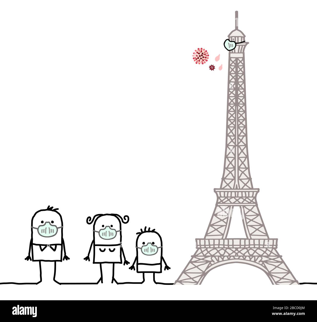 Personaggi dei cartoni animati a Parigi con la Torre Eiffel e maschere contro il virus Illustrazione Vettoriale