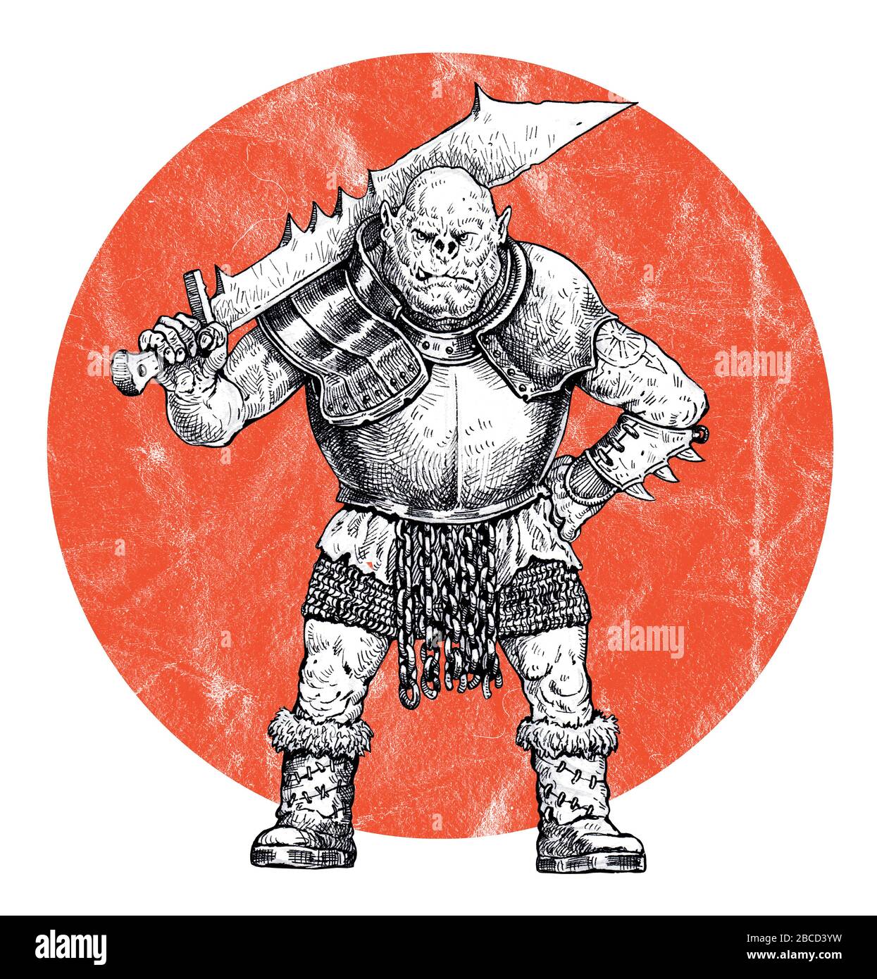 ORC con una spada gigante. Illustrazione di fantasia. Foto Stock