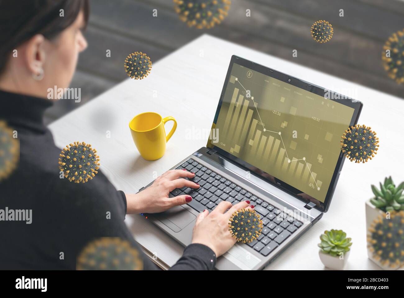 Woman analizza i valori delle azioni in un mercato su computer portatile circondato dal concetto di virus corona Foto Stock