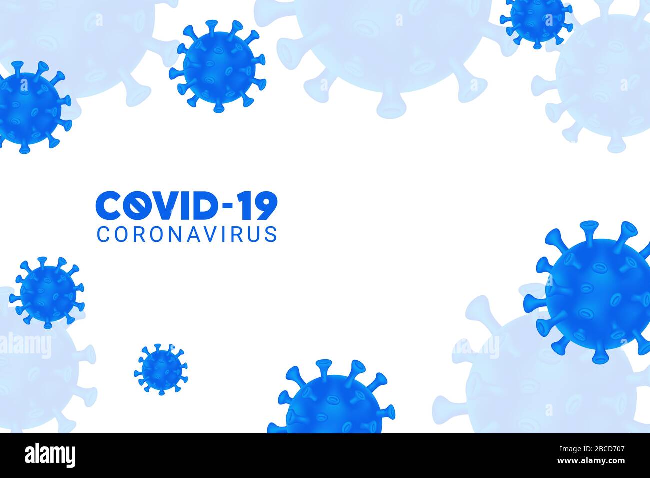 Virus Corona. COVID-19. Romanzo Coronavirus (2019-nCoV). Virus Covid 19-NCP. Sfondo bianco con cellule virali blu 3d realistiche. Illustrazione Vettoriale