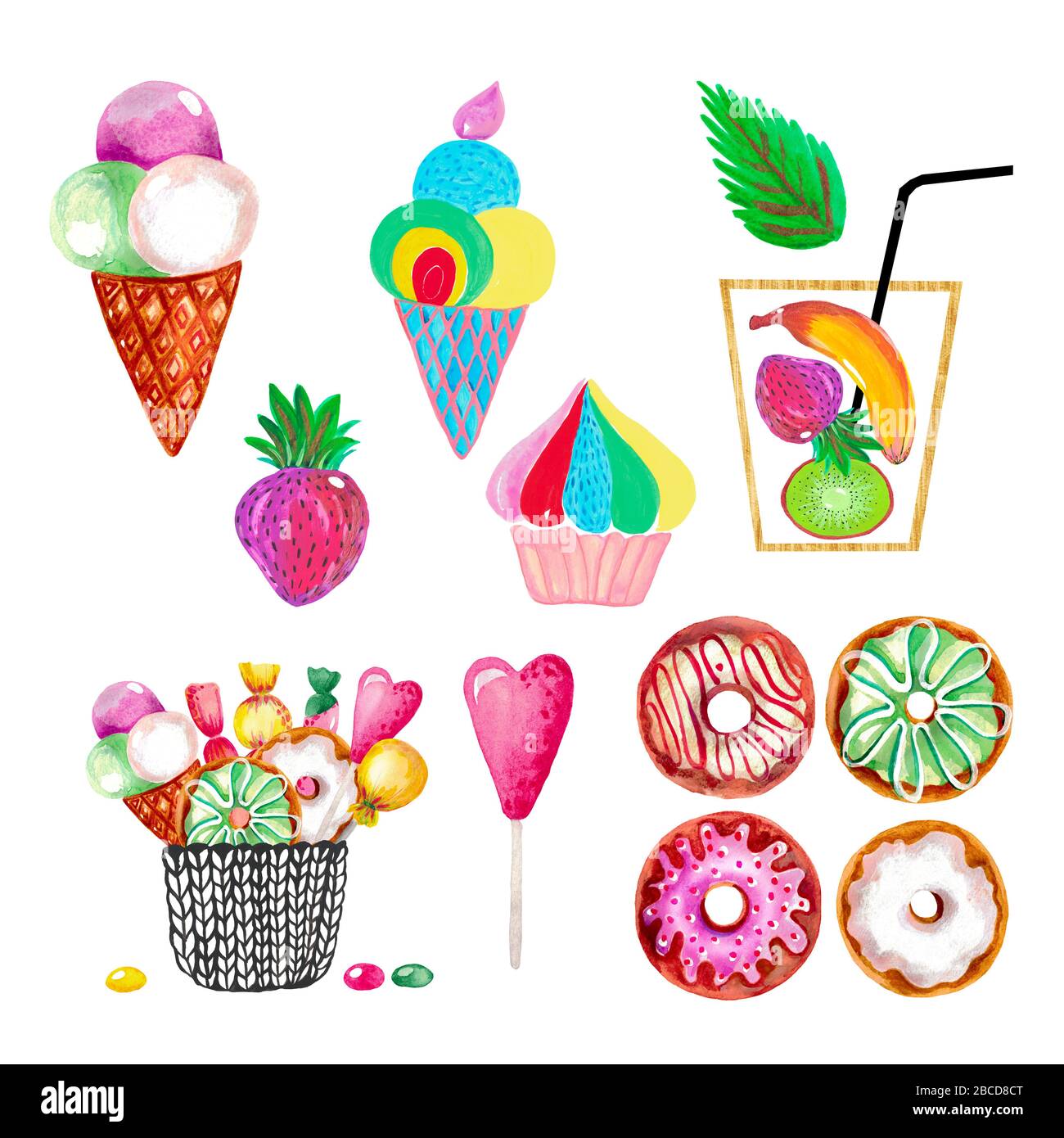 Set di dessert con illustrazione di acquerelli. Gelato, cupcake, ciambelle, cocktail, Lollipop, fragola Foto Stock