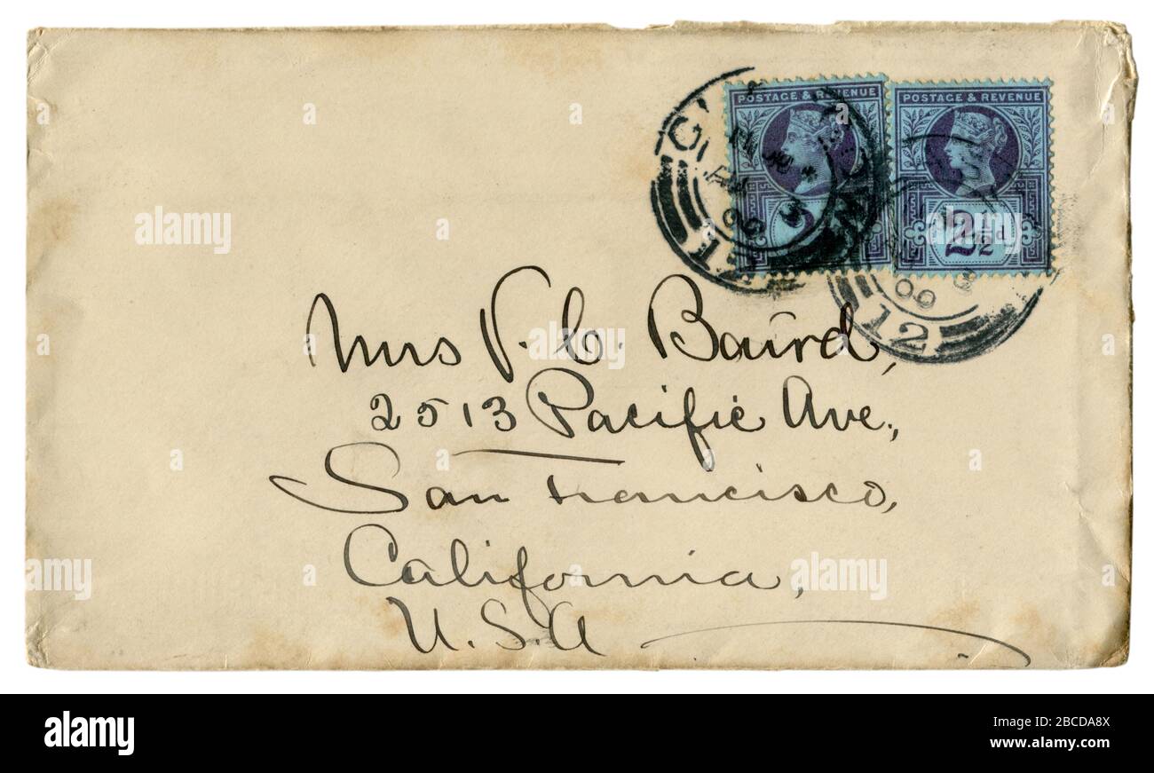 Lettera storica britannica da Glasgow, Scozia a San Francisco, California, USA - 11 agosto 1900: Busta: Con francobollo Regina Vittoria Foto Stock