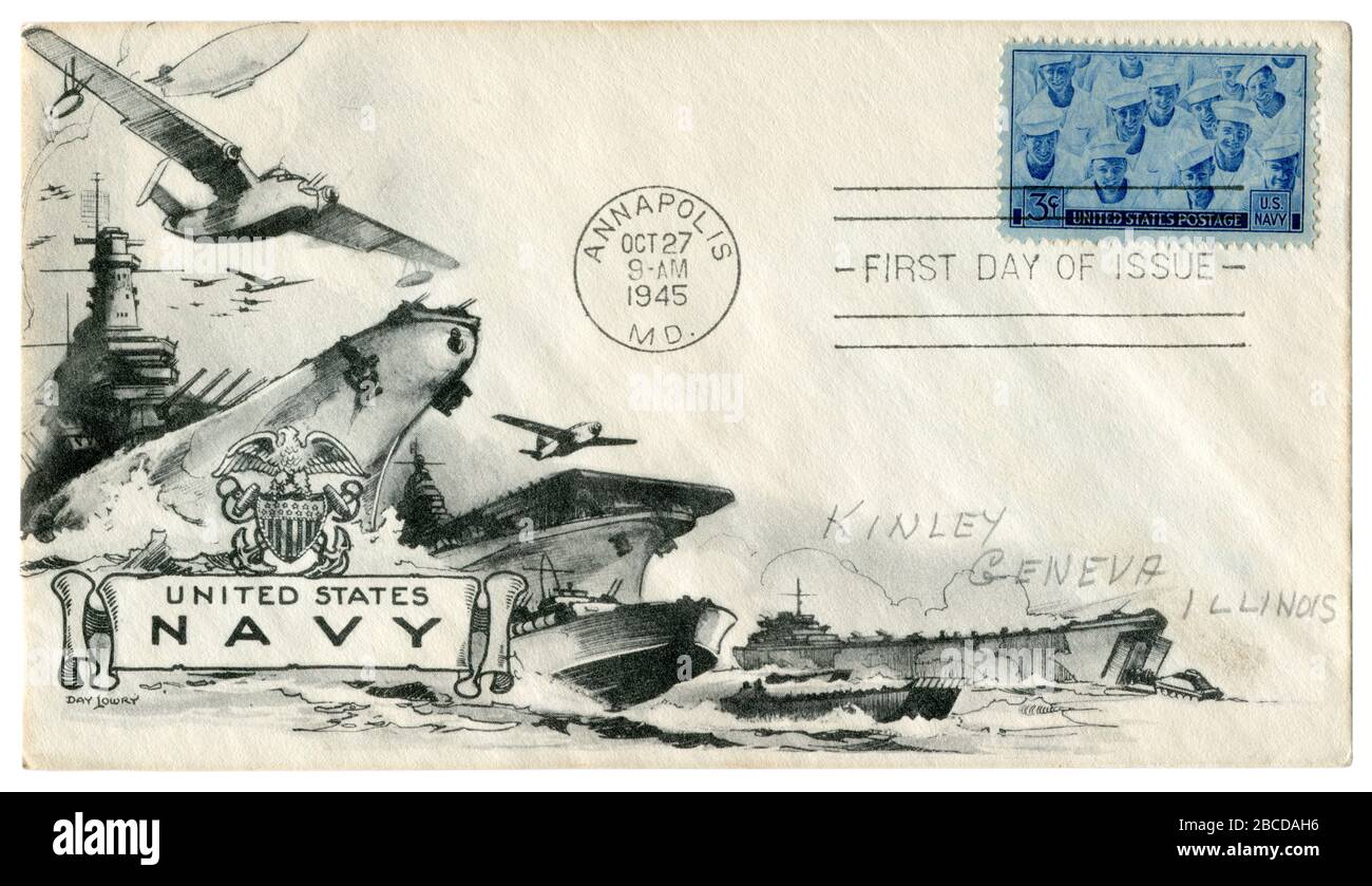 Annapolis, Maryland, USA, 27 ottobre 1945: Busta storica DEGLI STATI UNITI: Copertina con un cachet patriottico della Marina degli Stati Uniti. Potenza americana nel Pacifico Foto Stock