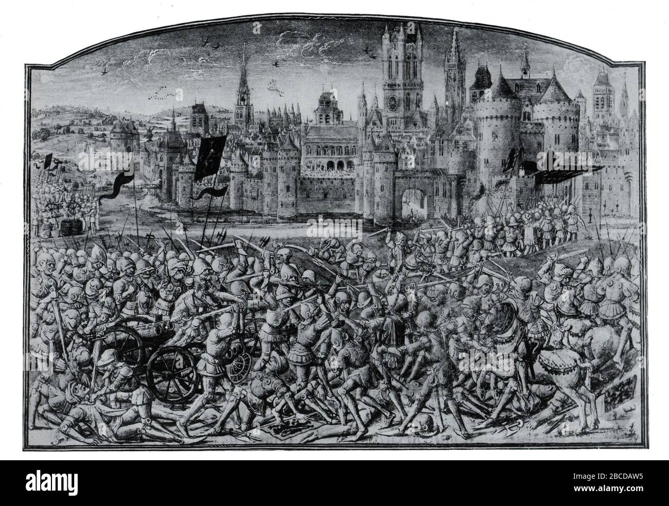 Vittoria dei fiamminghi sotto Filippo Van Atevelde prima delle mura di Bruge, 1381 durante la guerra dei cent'anni; 15 ° secolo Froissart Cronaca Foto Stock