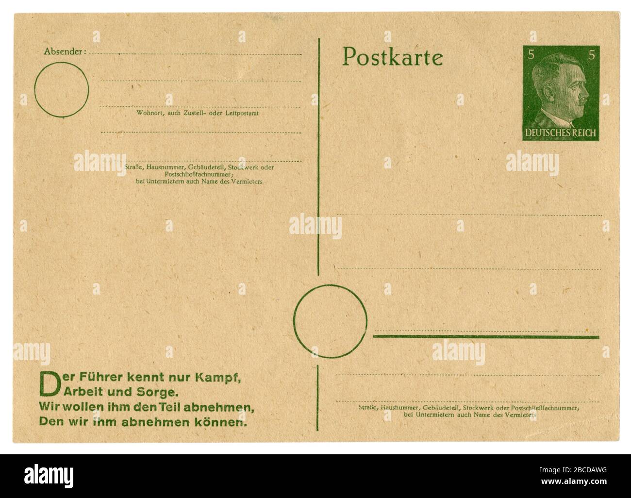 Carta postale storica tedesca: Inutilizzata, con slogan di propaganda, Adolf Hitler incisioni di profilo timbro stampato, 5 pfennigs, Germania, terzo Reich Foto Stock