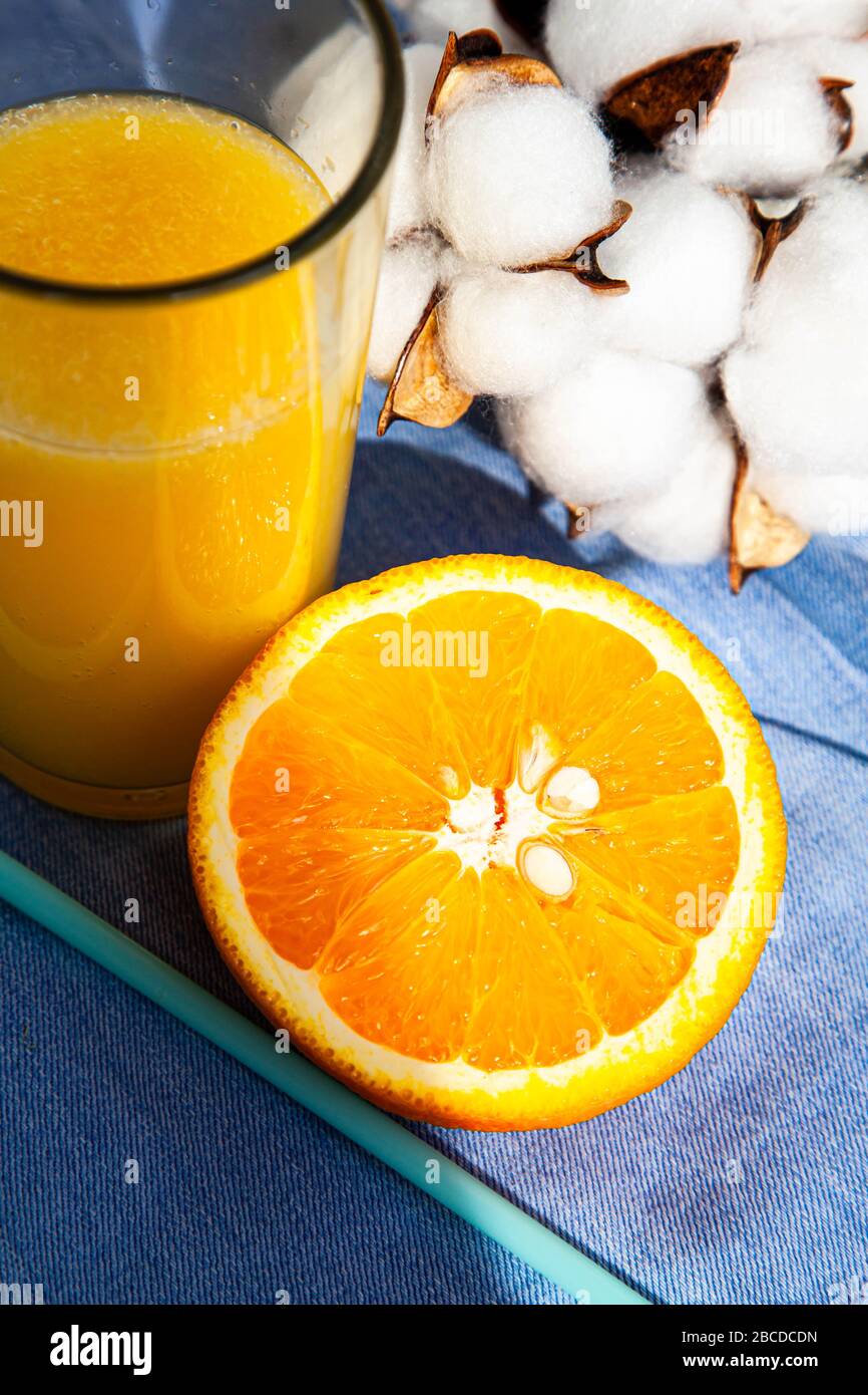 Estate ancora vita di una sana colazione. Un bicchiere di succo d'arancia naturale fresco su fondo blu denim con un bouquet di cotone al sole. Foto Stock