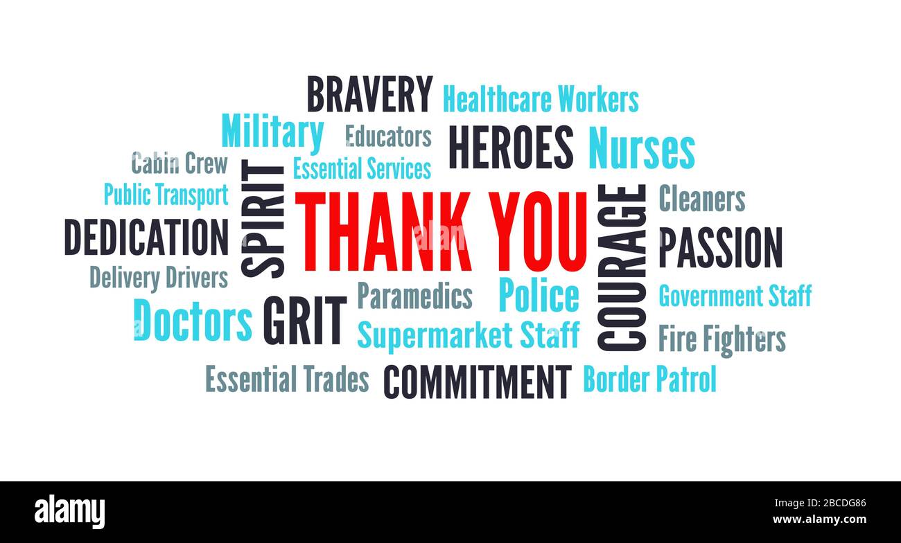 Grazie wordcloud per coronavirus covid-19 per infermieri di assistenza sanitaria e lavoratori di prima linea con il testo Illustrazione Vettoriale