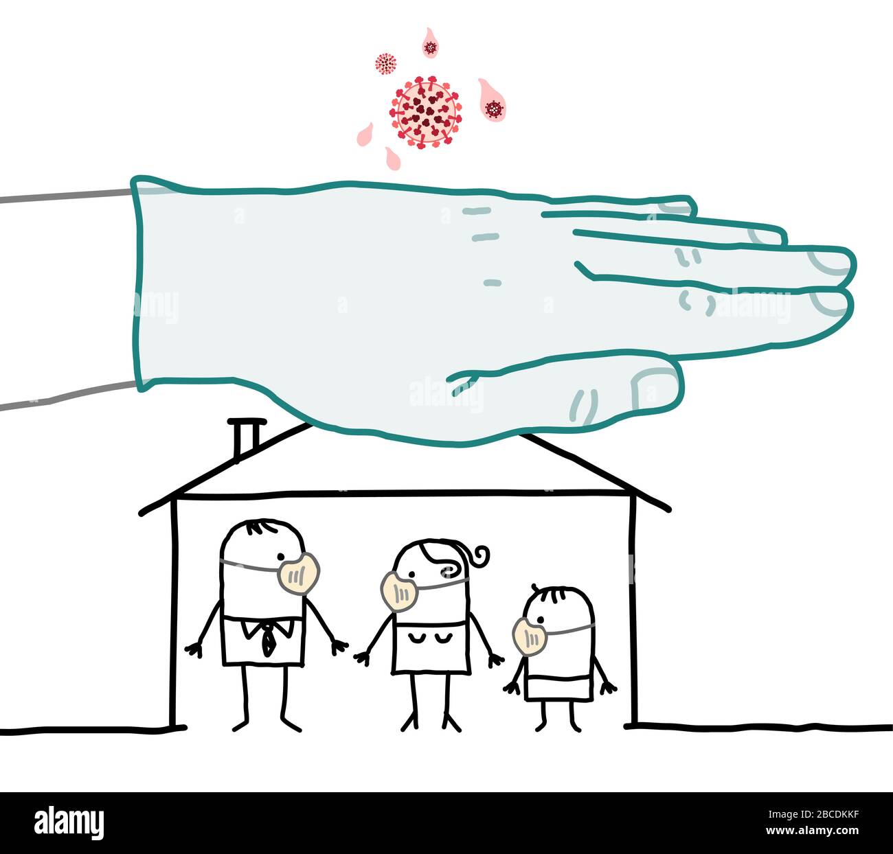 Famiglia di cartoni animati con maschere contro il virus in una casa protetta da una grande mano Illustrazione Vettoriale