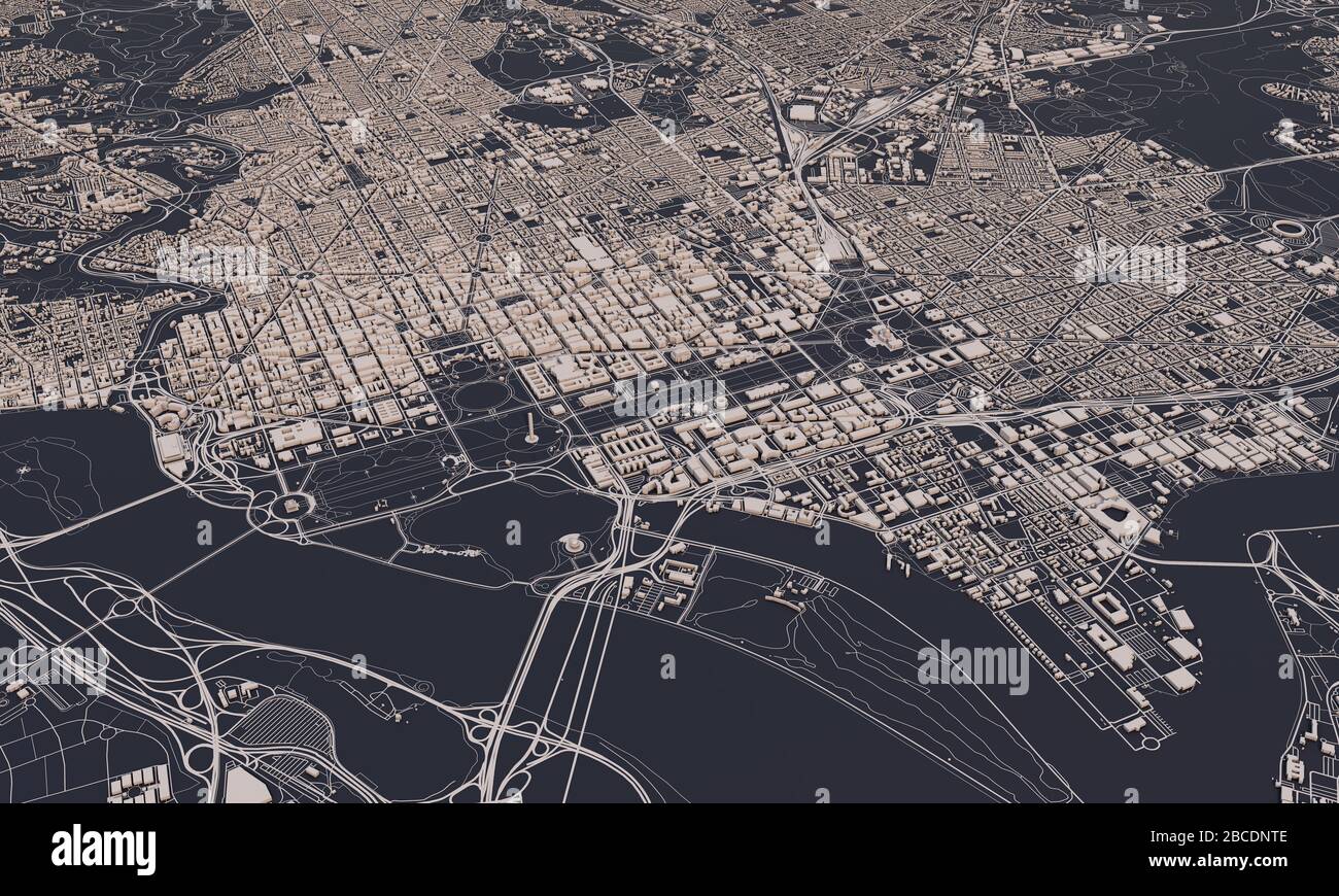 Washington DC mappa della città 3D rendering. Vista satellitare aerea. Foto Stock