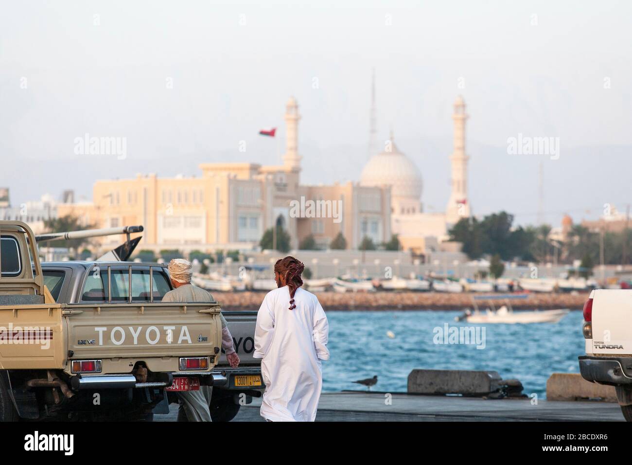 La cattura giornaliera di pesce viene sbarcata, ispezionata da potenziali acquirenti e venduta all'asta a sur, nel nord-est dell'Oman Foto Stock