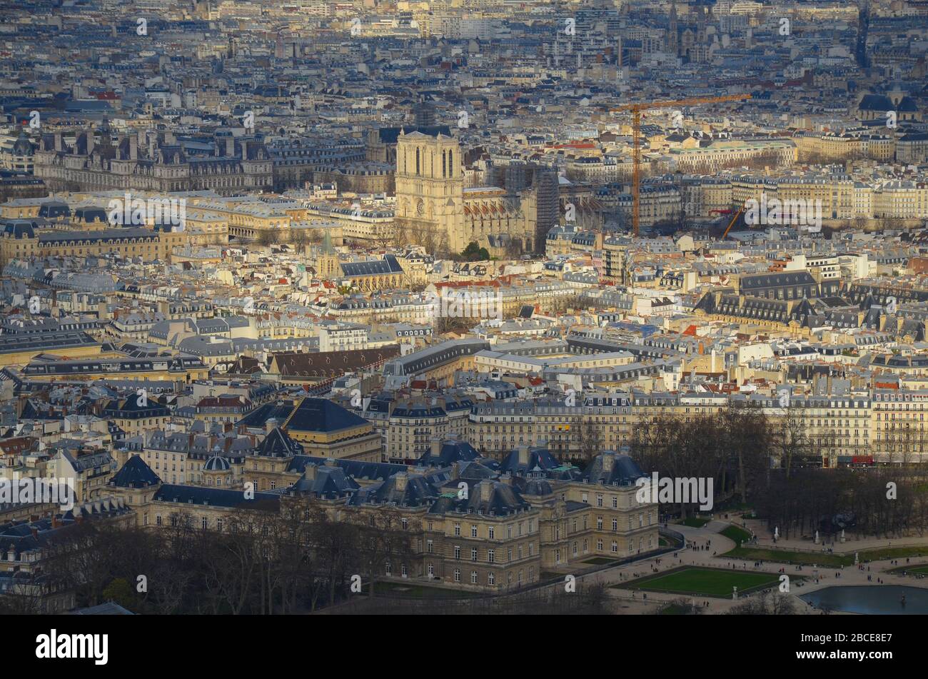 Parigi, die Hauptstadt Frankreichs: Blick vom Tour Montparnasse über die Stadt, Panorama, Blick auf Notre Dame Foto Stock