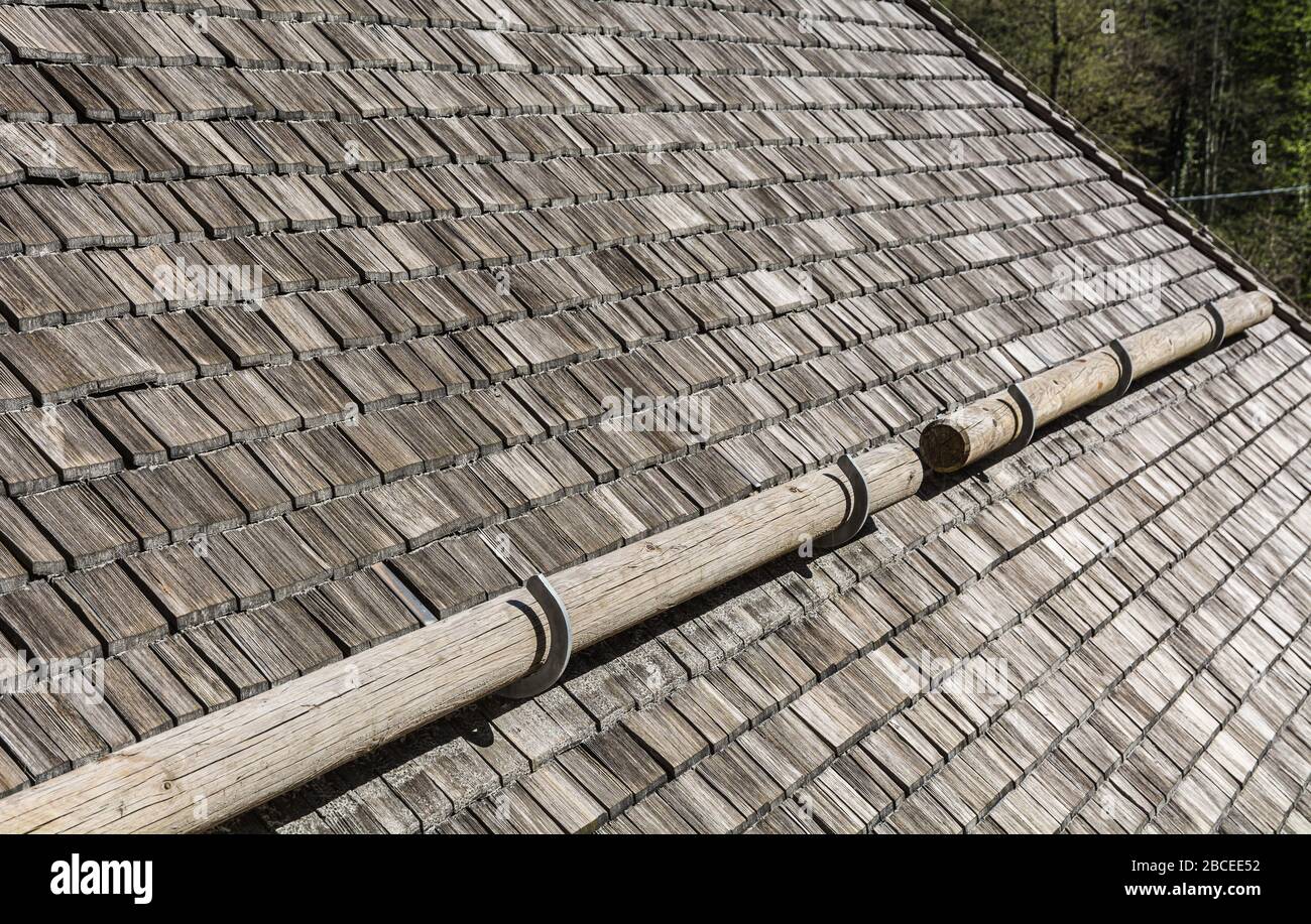 Primo piano delle assicelle in legno. Tetto in legno del Santuario di San Romedio, non Valley, Trentino Alto Adige, Italia settentrionale, Europa Foto Stock