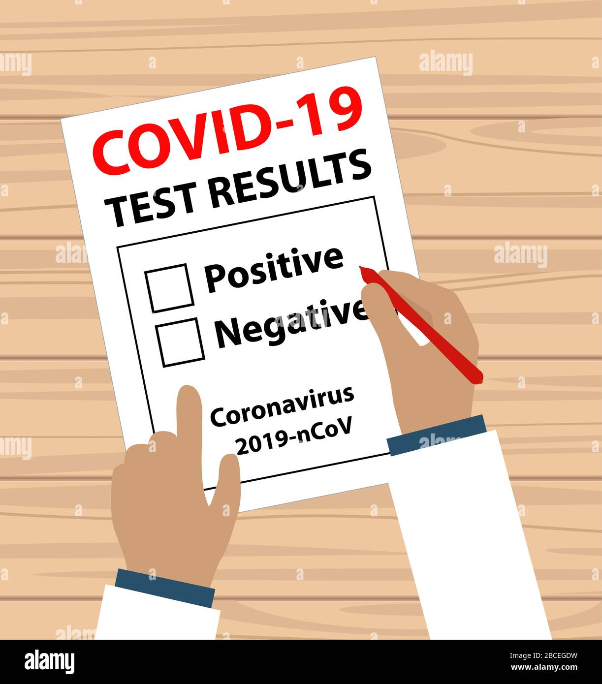 Medico mano che scrive positivo o negativo coronavirus covid-19 risultati del test - vettore raggruppato e facile da modificare Illustrazione Vettoriale