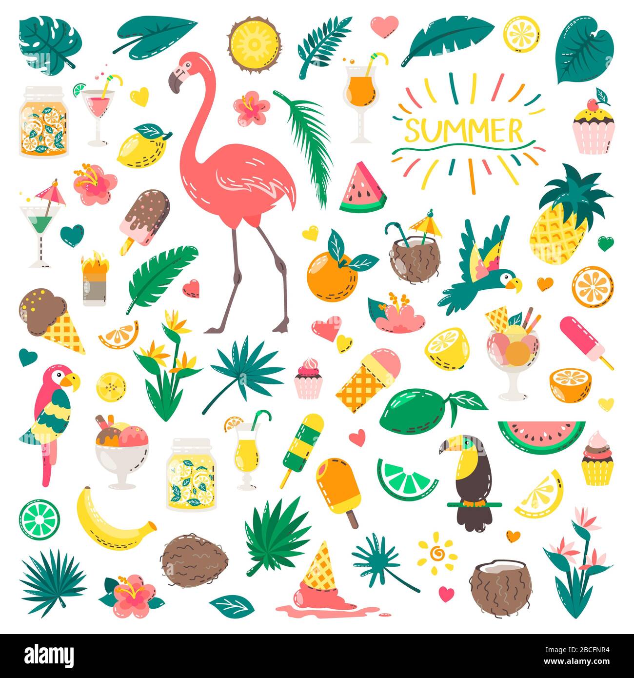 Set di graziose icone estive: Cibo, bevande, foglie di palma, frutta e fenicottero. Luminoso poster estivo. Raccolta di elementi di scrapbooking per la parte spiaggia Foto Stock
