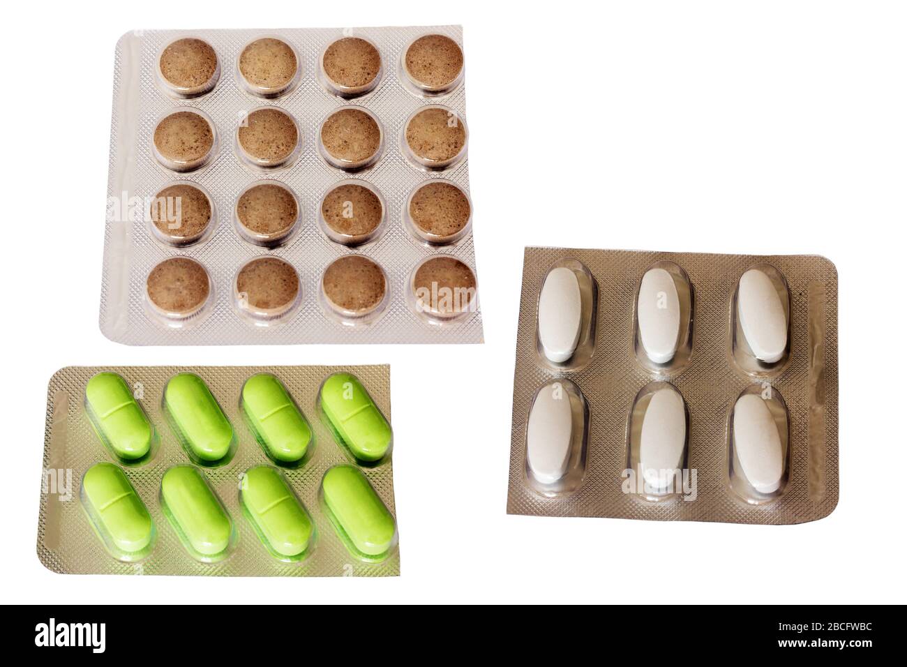 Medicinali sotto forma di compresse isolato a fondo bianco. Foto Stock