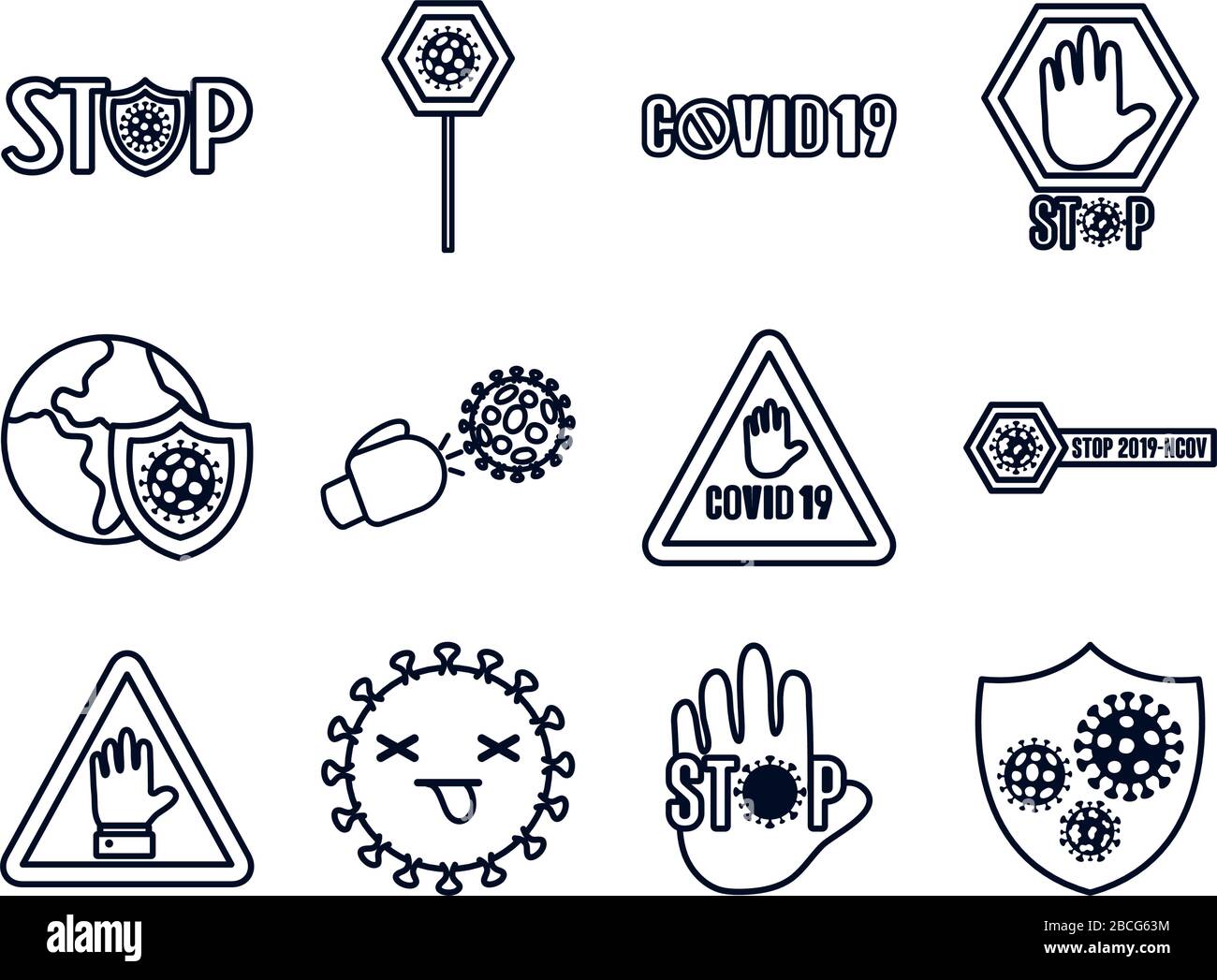 insieme di icone di stop covid19 e segni di stop su sfondo bianco, stile linea, illustrazione vettoriale Illustrazione Vettoriale