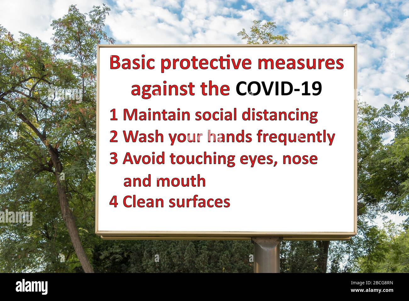 Semplice illustrazione delle misure di protezione di Coronavirus COVID-19 sul cartellone Foto Stock