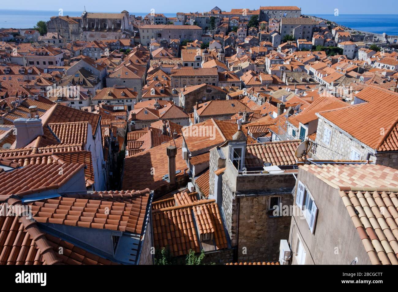 Vista sulla città vecchia di Dubrovnik. Mostra le case densamente impaccate e gli edifici e i loro caratteristici tetti di tegole rosse Foto Stock
