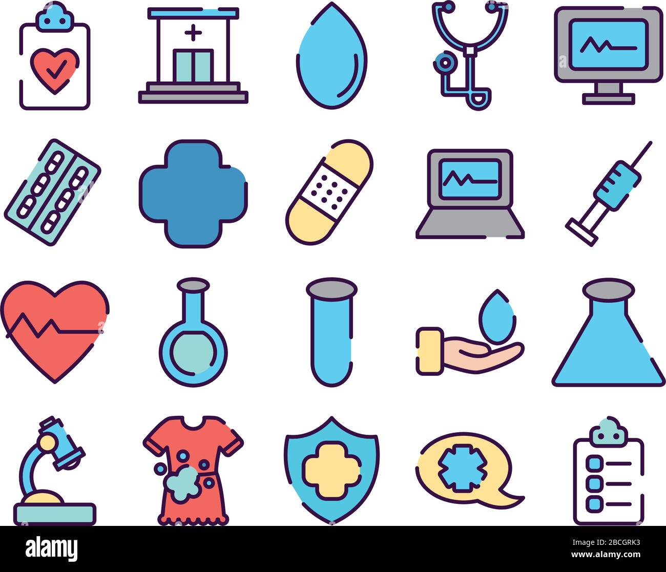 cardio hearts e l'icona di healthcare si impostano su sfondo bianco, stile di colore della linea, illustrazione vettoriale Illustrazione Vettoriale
